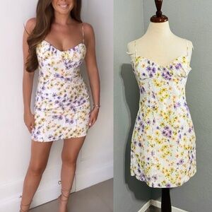 Zara Bloggers Fav Multicolor Floral Sweetheart Neckline Mini  Dress Sz L Cotton